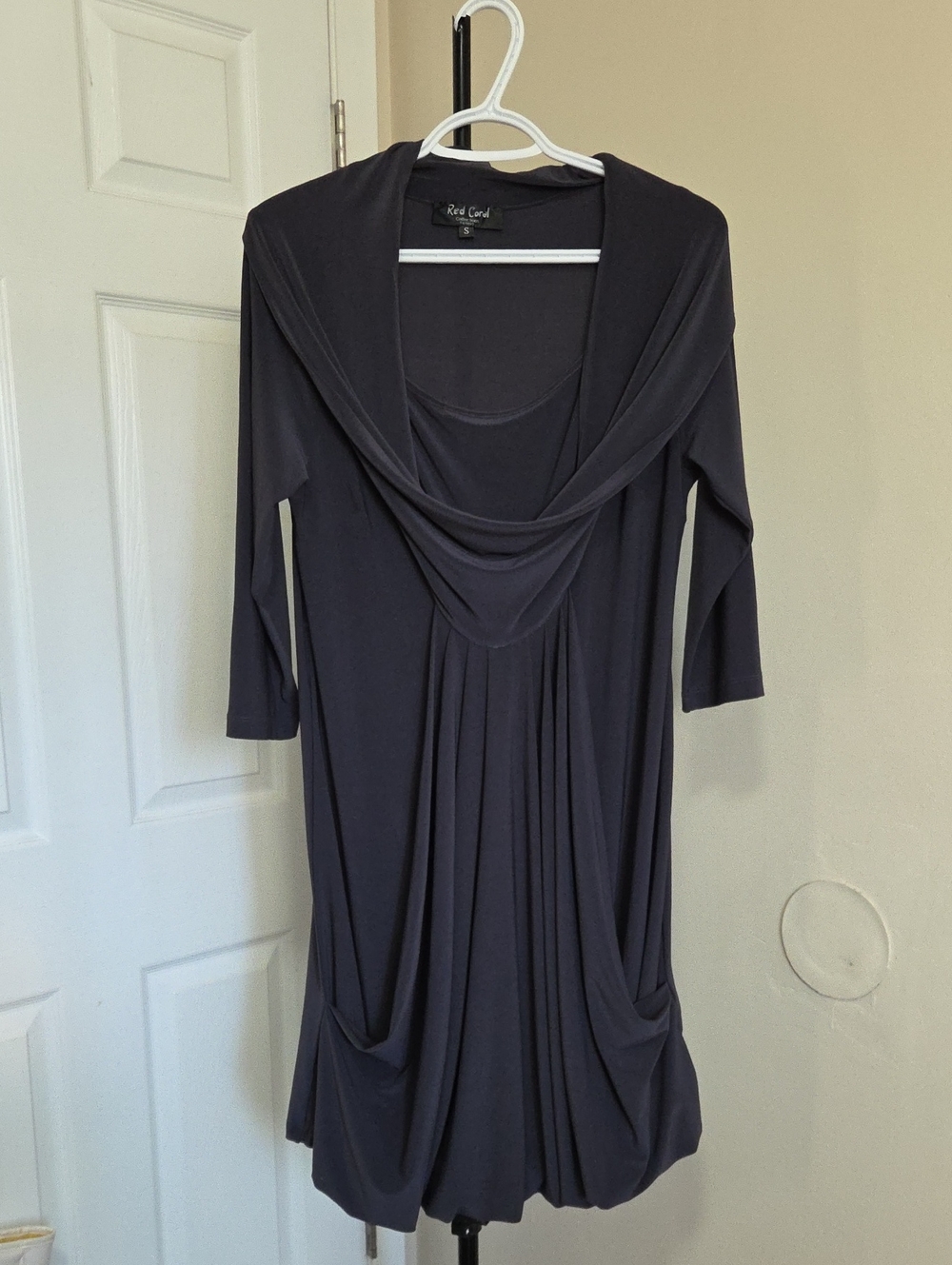 Red Coral Draped Cowl-Neck Long Sleeve Dress